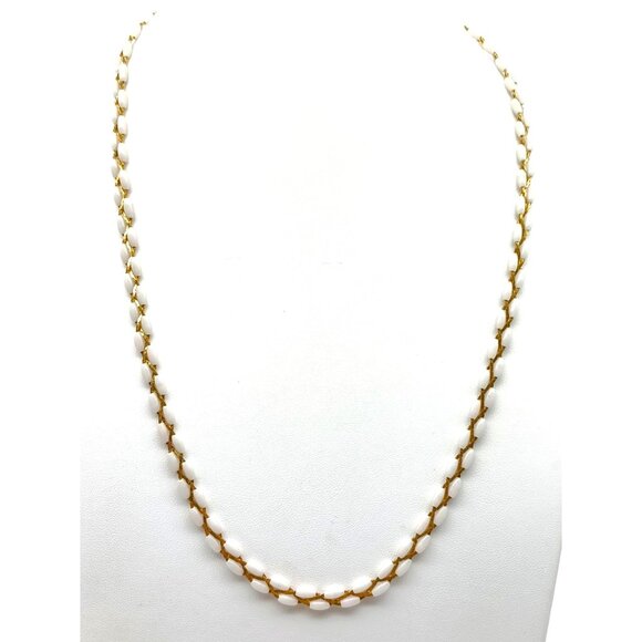 Vintage Woven Chain and Rice Pearl Necklace, Gold Tone Braided Strands - Picture 1 of 2